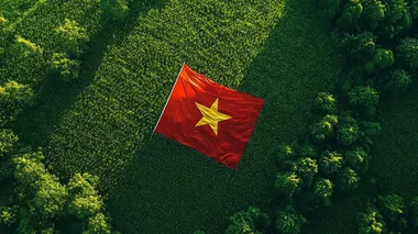 A cinematic top view shot of A vietnam flag on a beatiful green field