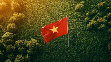 A cinematic top view shot of A vietnam flag on a beatiful green field