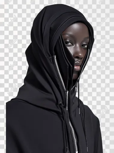 a realistic photo of an attractive Muslim female model, avant-garde black geometric veil-head piece hoodie, zippers design covering her head and face in a mysterious way, architectural design , white background, front view, cool, balenciaga highly minimalistic