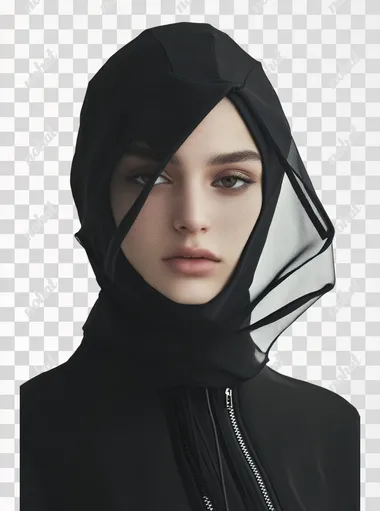 a realistic photo of an attractive Muslim female model, avant-garde black geometric veil-head piece hoodie, zippers design covering her head and face in a mysterious way, architectural design , white background, front view, cool, balenciaga highly minimalistic