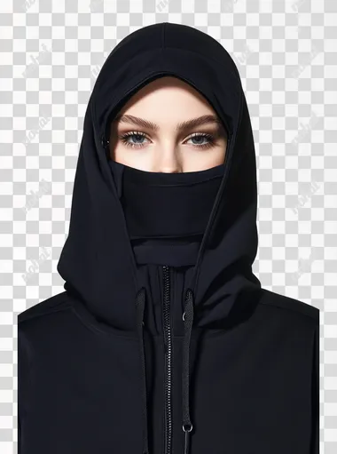 a realistic photo of an attractive Muslim female model, avant-garde black geometric veil-head piece hoodie, zippers design covering her head and face in a mysterious way, architectural design , white background, front view, cool, balenciaga highly minimalistic