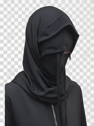 a realistic photo of an attractive Muslim female model, avant-garde black geometric veil-head piece hoodie, zippers design covering her head and face in a mysterious way, architectural design , white background, front view, cool, balenciaga highly minimalistic