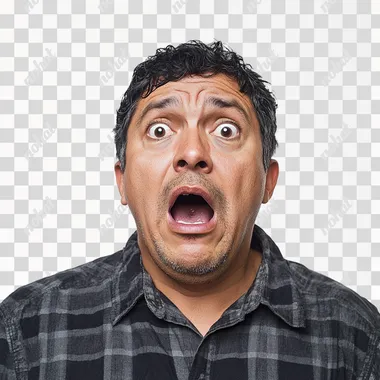 Portrait photograph of a frightened middle-aged Latino man with short hair, mouth open, looking to the right, on a white background,