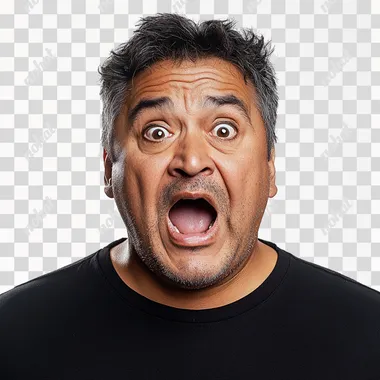 Portrait photograph of a frightened middle-aged Latino man with short hair, mouth open, looking to the right, on a white background,