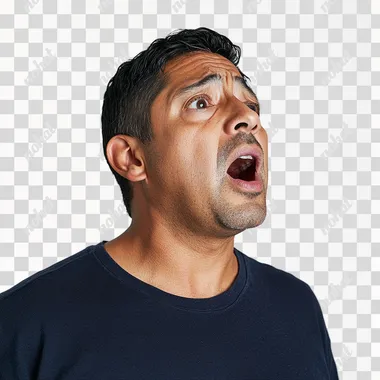 Portrait photograph of a frightened middle-aged Latino man with short hair, mouth open, looking to the right, on a white background,