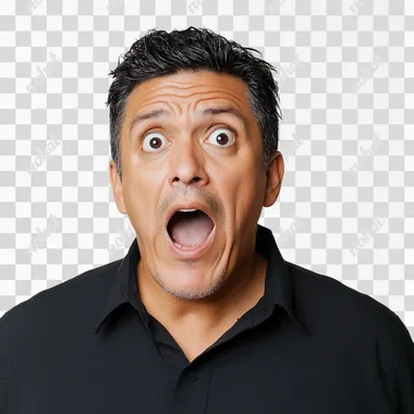 Portrait photograph of a frightened middle-aged Latino man with short hair, mouth open, looking to the right, on a white background,
