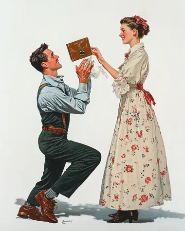 painting of a man proposing marriage to a woman. man is down on one knee holding a ring in a box up in the air. They are both dressed conservatively. The background is white. Style of Norman Rockwell.