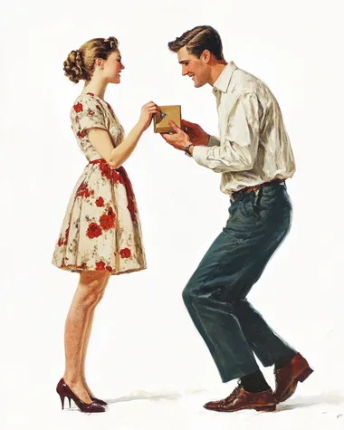 painting of a man proposing marriage to a woman. man is down on one knee holding a ring in a box up in the air. They are both dressed conservatively. The background is white. Style of Norman Rockwell.