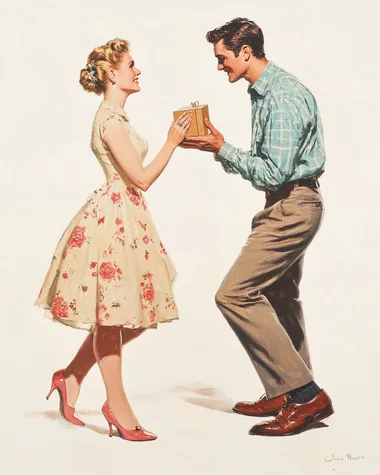 painting of a man proposing marriage to a woman. man is down on one knee holding a ring in a box up in the air. They are both dressed conservatively. The background is white. Style of Norman Rockwell.