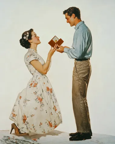 painting of a man proposing marriage to a woman. man is down on one knee holding a ring in a box up in the air. They are both dressed conservatively. The background is white. Style of Norman Rockwell.
