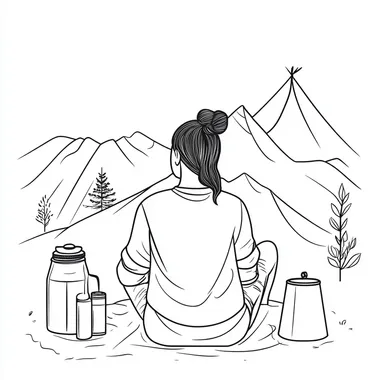 Minimalist coloring line drawing of a woman camping, simple and clean design. No background, just the woman in the image seed 3884693920
