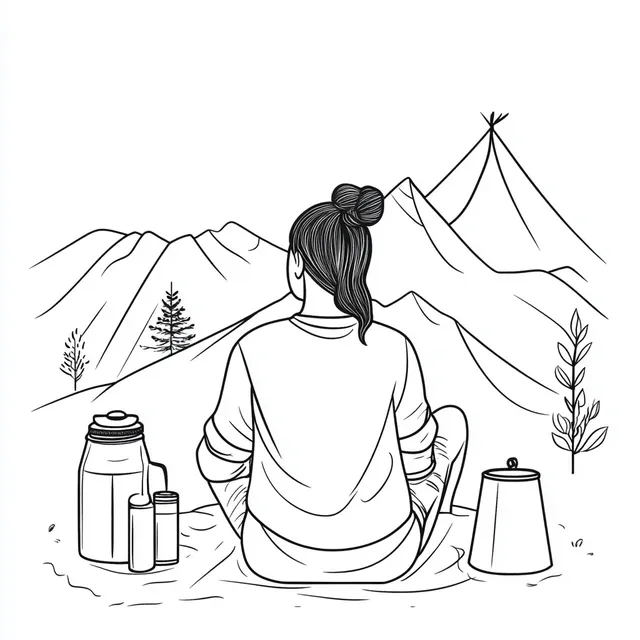 Minimalist Line Drawing: Woman Camping Adventure