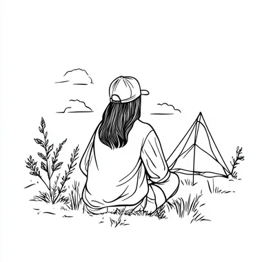 Minimalist coloring line drawing of a woman camping, simple and clean design. No background, just the woman in the image seed 3884693920
