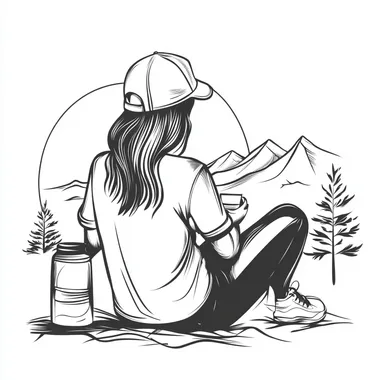 Minimalist coloring line drawing of a woman camping, simple and clean design. No background, just the woman in the image seed 3884693920