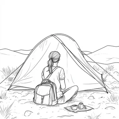 Minimalist coloring line drawing of a woman camping, simple and clean design. No background, just the woman in the image seed 3884693920