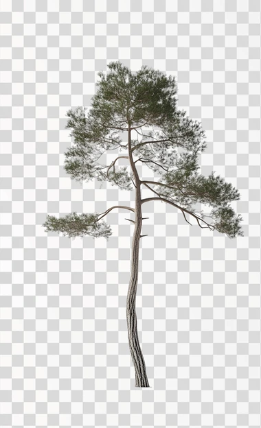 A tall pine tree with no shadow on a white background, photorealistic, ultra-detailed, high-resolution image.