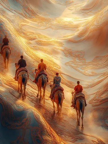 A group of camel riders walking on the topography made from fabrics, in digital art style, high angle shot, hyper-realistic details, golden light and blue sky, surrounded by intricate patterns, symbolizing travel through desert landscapes. The fabric is adorned with traditional embroidery patterns, creating an atmosphere reminiscent of an endless horizon