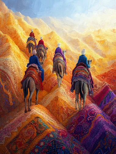 A group of camel riders walking on the topography made from fabrics, in digital art style, high angle shot, hyper-realistic details, golden light and blue sky, surrounded by intricate patterns, symbolizing travel through desert landscapes. The fabric is adorned with traditional embroidery patterns, creating an atmosphere reminiscent of an endless horizon