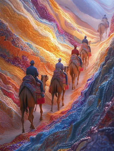 A group of camel riders walking on the topography made from fabrics, in digital art style, high angle shot, hyper-realistic details, golden light and blue sky, surrounded by intricate patterns, symbolizing travel through desert landscapes. The fabric is adorned with traditional embroidery patterns, creating an atmosphere reminiscent of an endless horizon