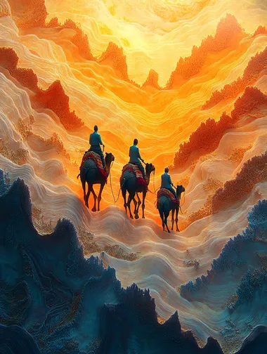 A group of camel riders walking on the topography made from fabrics, in digital art style, high angle shot, hyper-realistic details, golden light and blue sky, surrounded by intricate patterns, symbolizing travel through desert landscapes. The fabric is adorned with traditional embroidery patterns, creating an atmosphere reminiscent of an endless horizon