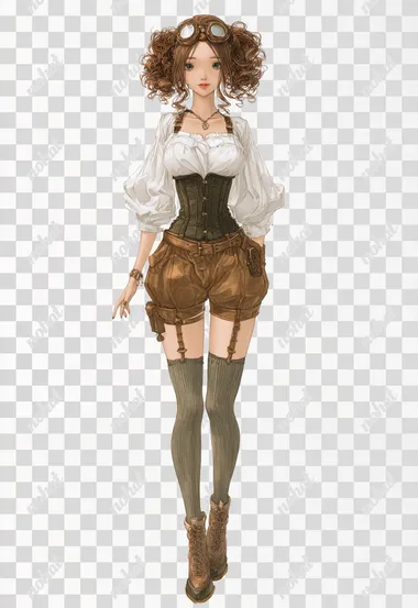 torso and head of a visual novel dysutopia steampunk young woman character, white background