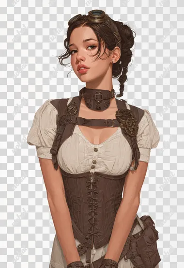 torso and head of a visual novel dysutopia steampunk young woman character, white background