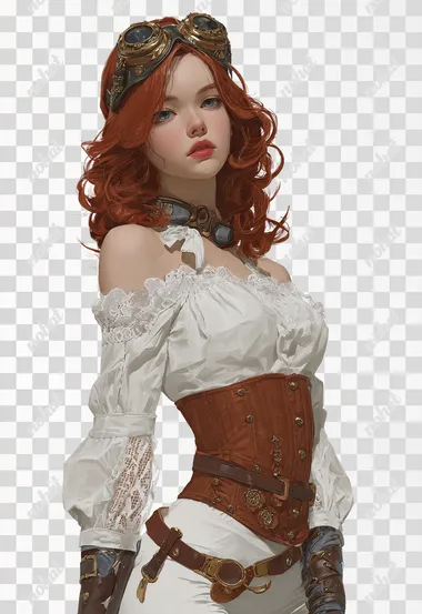 torso and head of a visual novel dysutopia steampunk young woman character, white background