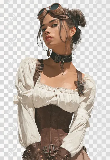 torso and head of a visual novel dysutopia steampunk young woman character, white background