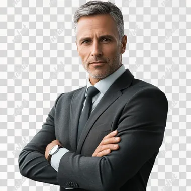 Generate an image of a 50-year-old man wearing an expensive, well-tailored suit, standing confidently with his hands folded in front of him and looking straight ahead. The man should appear lifelike, with a professional and elegant demeanor, natural skin tones, and a clean, polished appearance. The background should be plain white, emphasizing the man and his attire.