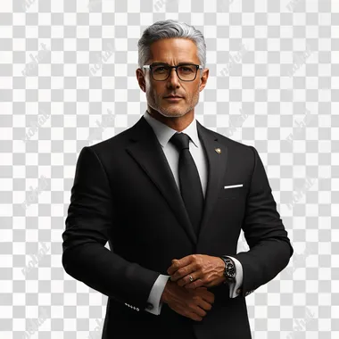 Generate an image of a 50-year-old man wearing an expensive, well-tailored suit, standing confidently with his hands folded in front of him and looking straight ahead. The man should appear lifelike, with a professional and elegant demeanor, natural skin tones, and a clean, polished appearance. The background should be plain white, emphasizing the man and his attire.