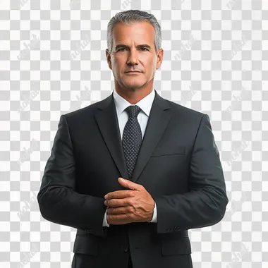 Generate an image of a 50-year-old man wearing an expensive, well-tailored suit, standing confidently with his hands folded in front of him and looking straight ahead. The man should appear lifelike, with a professional and elegant demeanor, natural skin tones, and a clean, polished appearance. The background should be plain white, emphasizing the man and his attire.