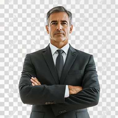 Generate an image of a 50-year-old man wearing an expensive, well-tailored suit, standing confidently with his hands folded in front of him and looking straight ahead. The man should appear lifelike, with a professional and elegant demeanor, natural skin tones, and a clean, polished appearance. The background should be plain white, emphasizing the man and his attire.