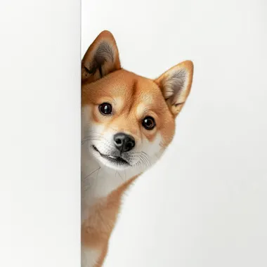 Cute shiba inu peeking out from behind the corner of the wall. the background is white and clean. high-resolution photos