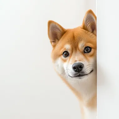 Cute shiba inu peeking out from behind the corner of the wall. the background is white and clean. high-resolution photos