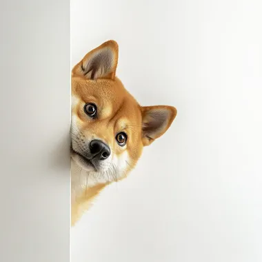 Cute shiba inu peeking out from behind the corner of the wall. the background is white and clean. high-resolution photos