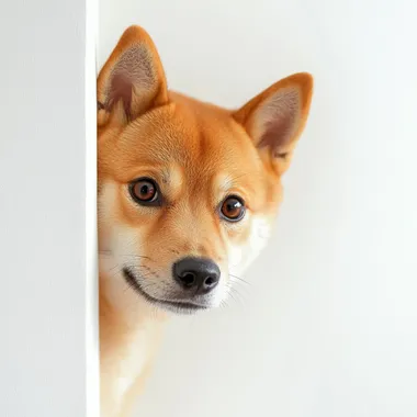 Cute shiba inu peeking out from behind the corner of the wall. the background is white and clean. high-resolution photos