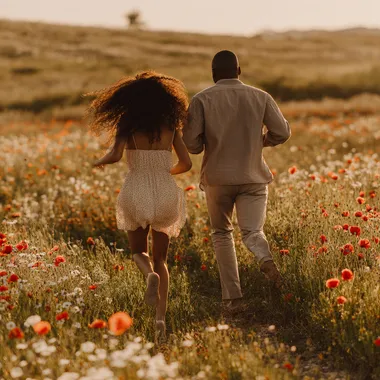 photorealistic DSLR still photo - young attractive Black couple running through a wildflower meadow of poppies, daisies and lupines, captured from behind, mid-stride; woman with long loose curly hair flowing, wearing a sundress; man wearing light taupe linen shirt and stone chinos; Canon EOS R5, 135 mm f/2 lens, shutter 1/2000 s, ISO 100, warm golden-hour back-rim light, cinematic depth of field, subtle dust motes, ultrarealistic texture, 8-k detail  watermark --raw