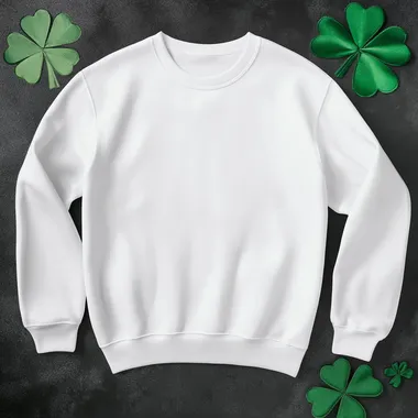 A white gildan 18000 sweatshirt flat lay around a saint patricks background