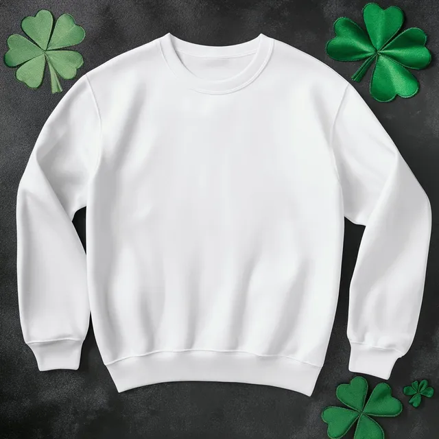 White Gildan 18000 Sweatshirt with Green Shamrocks on Black Background