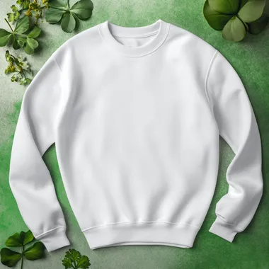 A white gildan 18000 sweatshirt flat lay around a saint patricks background