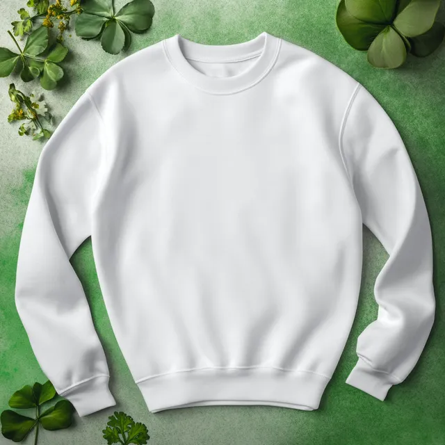 White Gildan 18000 Sweatshirt Flat Lay on Saint Patrick's Day Background