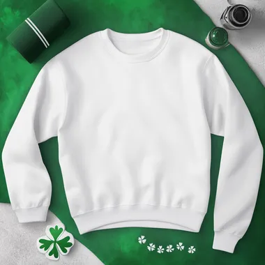 A white gildan 18000 sweatshirt flat lay around a saint patricks background