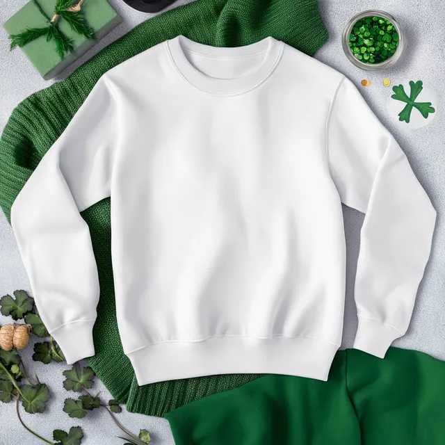 St. Patrick's Day Sweater Flat Lay with Green Pants on Festive Background