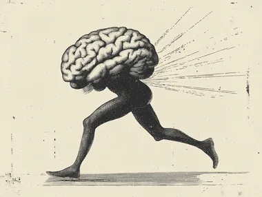 a logo of a brain with two legs, running. old style, black and white, like a stamp or woodcut, distressed look,  rofile f7edv6l