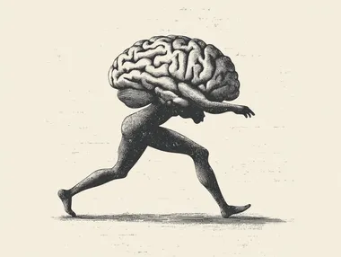a logo of a brain with two legs, running. old style, black and white, like a stamp or woodcut, distressed look,  rofile f7edv6l