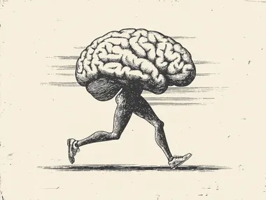a logo of a brain with two legs, running. old style, black and white, like a stamp or woodcut, distressed look,  rofile f7edv6l