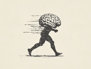 a logo of a brain with two legs, running. old style, black and white, like a stamp or woodcut, distressed look,  rofile f7edv6l