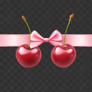 Two red cherries with a pink ribbon bow, in a clipart style, isolated on a white background.