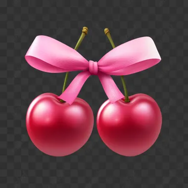 Two red cherries with a pink ribbon bow, in a clipart style, isolated on a white background.