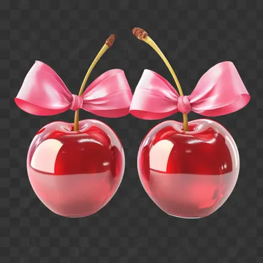 Two red cherries with a pink ribbon bow, in a clipart style, isolated on a white background.